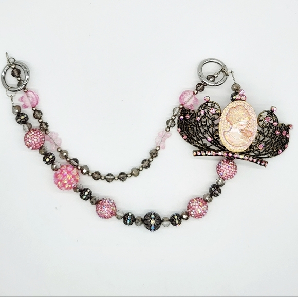 Jewelry - Elegant Pink and Silver Queens Crown Beaded 2 Chain Bag Charm Chain
